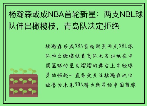 杨瀚森或成NBA首轮新星：两支NBL球队伸出橄榄枝，青岛队决定拒绝