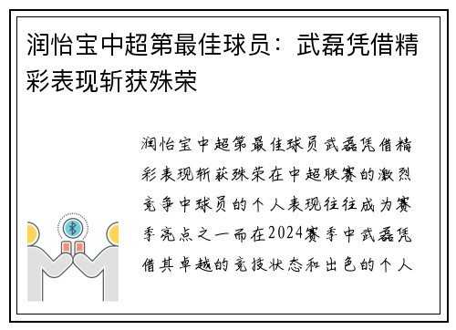 润怡宝中超第最佳球员：武磊凭借精彩表现斩获殊荣