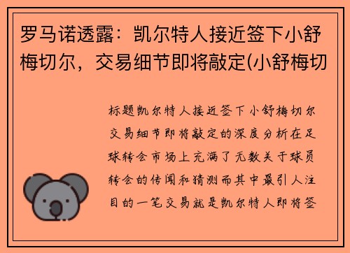 罗马诺透露：凯尔特人接近签下小舒梅切尔，交易细节即将敲定(小舒梅切尔维猜)