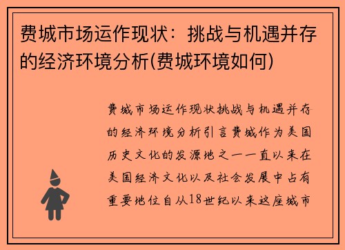 费城市场运作现状：挑战与机遇并存的经济环境分析(费城环境如何)