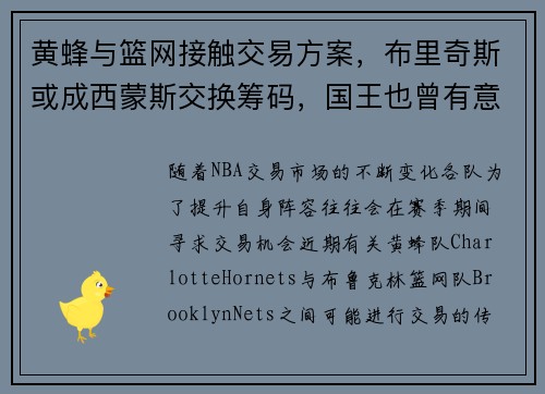 黄蜂与篮网接触交易方案，布里奇斯或成西蒙斯交换筹码，国王也曾有意小桥